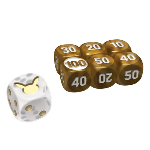 30th Celebration ETB dice set: six brown damage-counter dice and one white coin-flip die, no coin – catalogue illustration