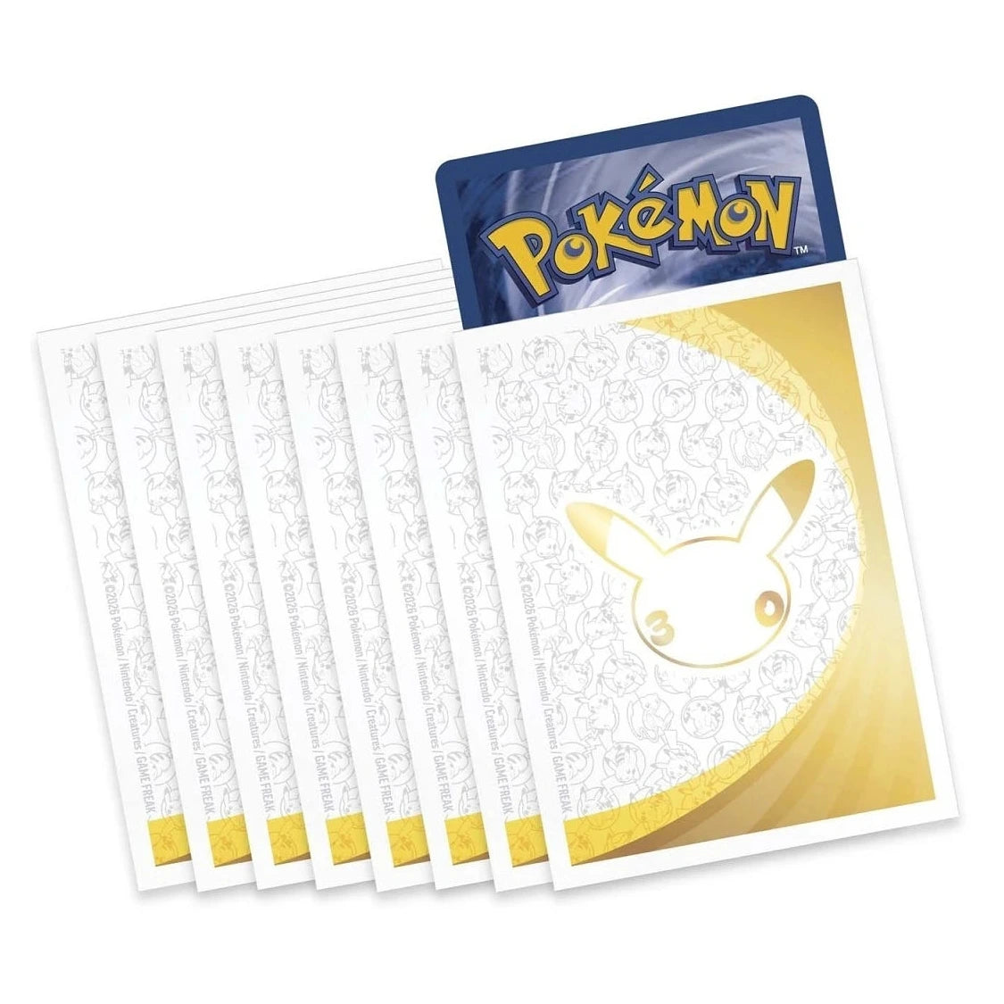 Pokémon 30th Celebration white and gold ETB card sleeves – product illustration