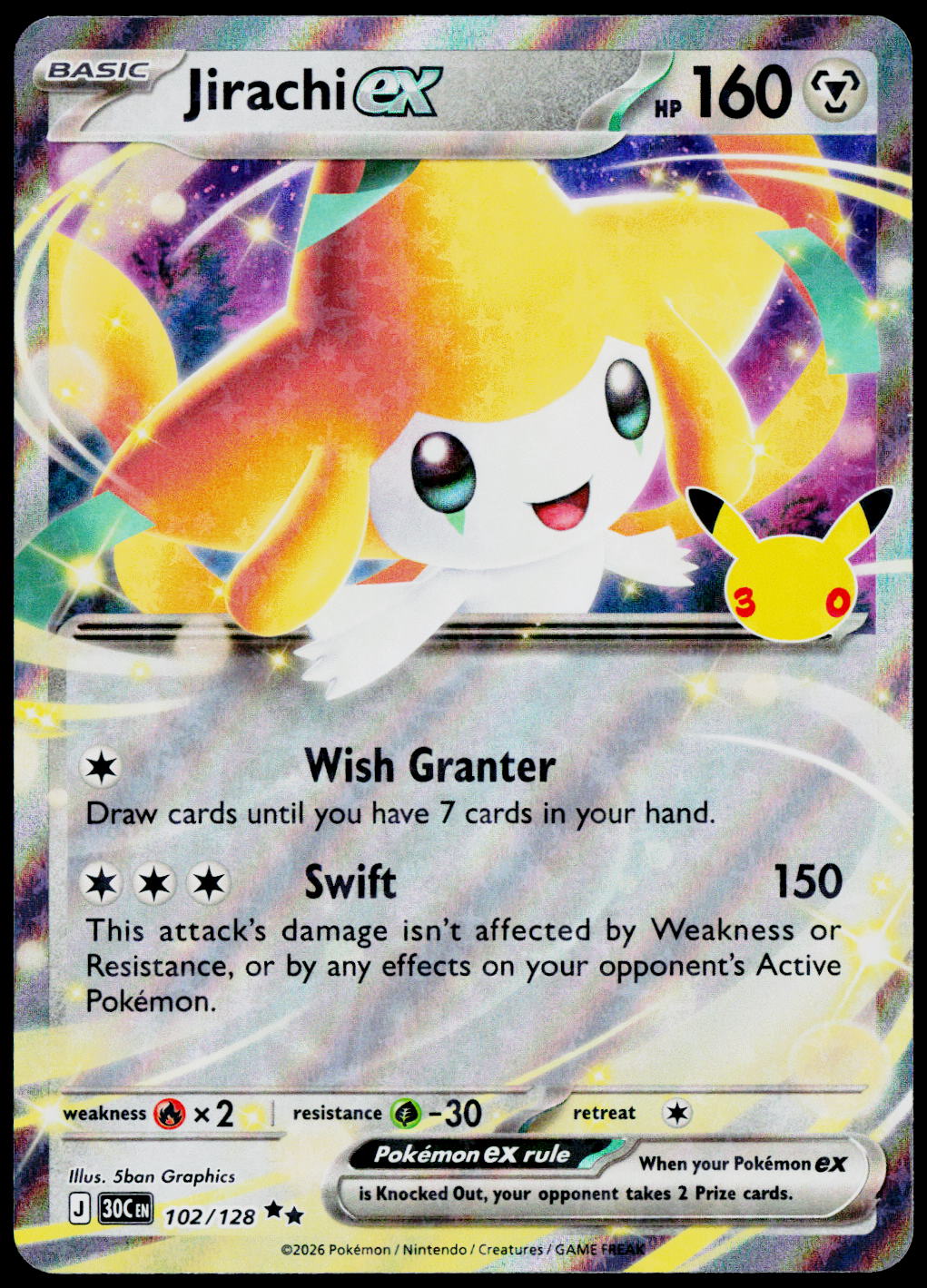 Jirachi ex 102/128, 30th Celebration, English - front