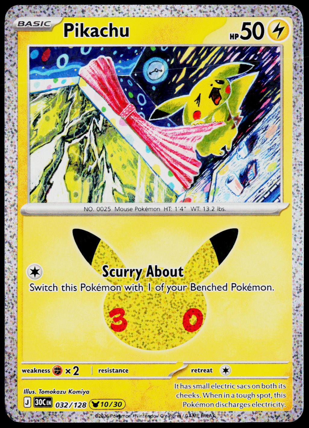 Original Ricoh fi-8170 scan of Pikachu 032/128, 30th Celebration, English — front