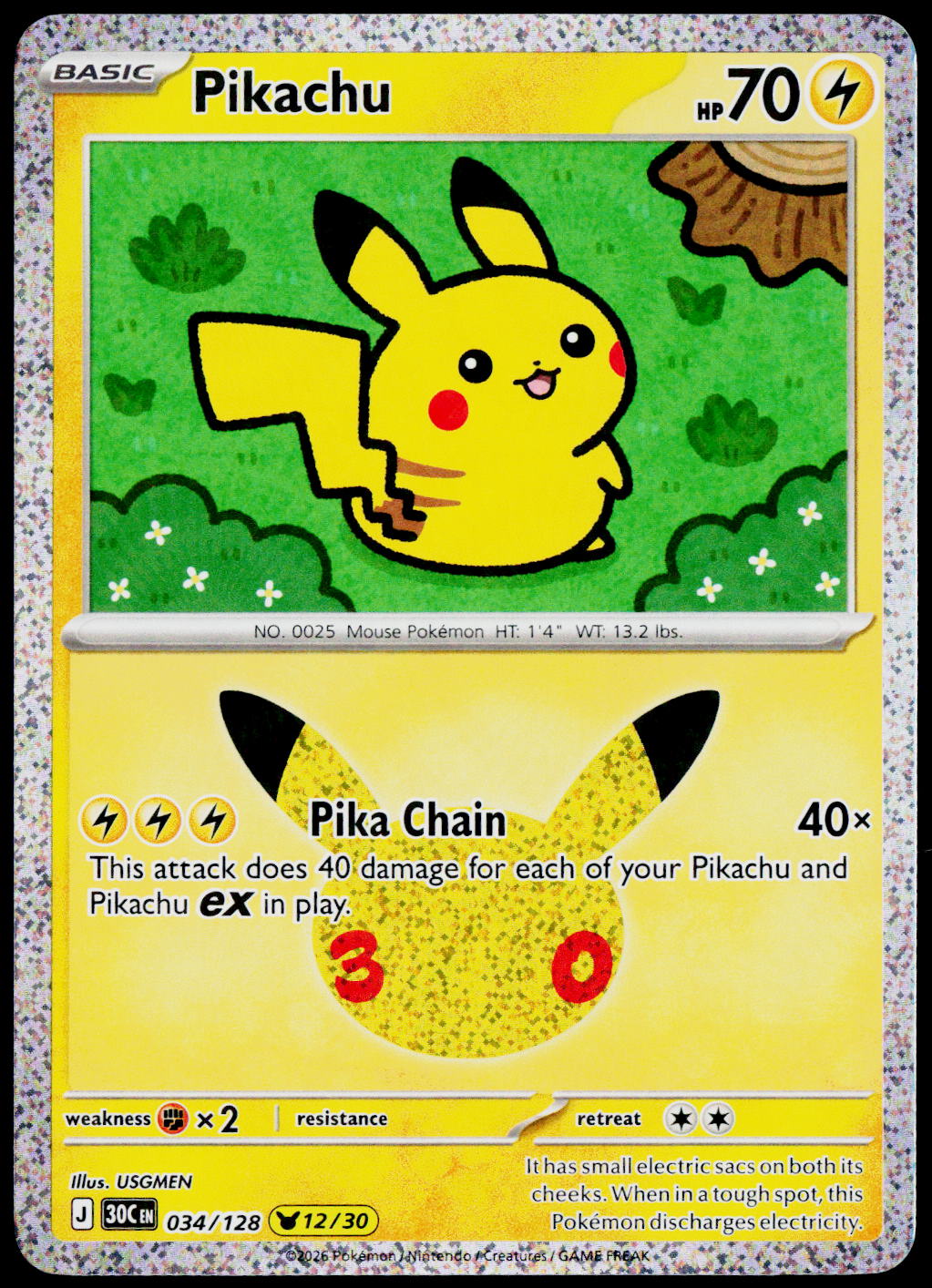 Original Ricoh fi-8170 scan of Pikachu 034/128, 30th Celebration, English — front