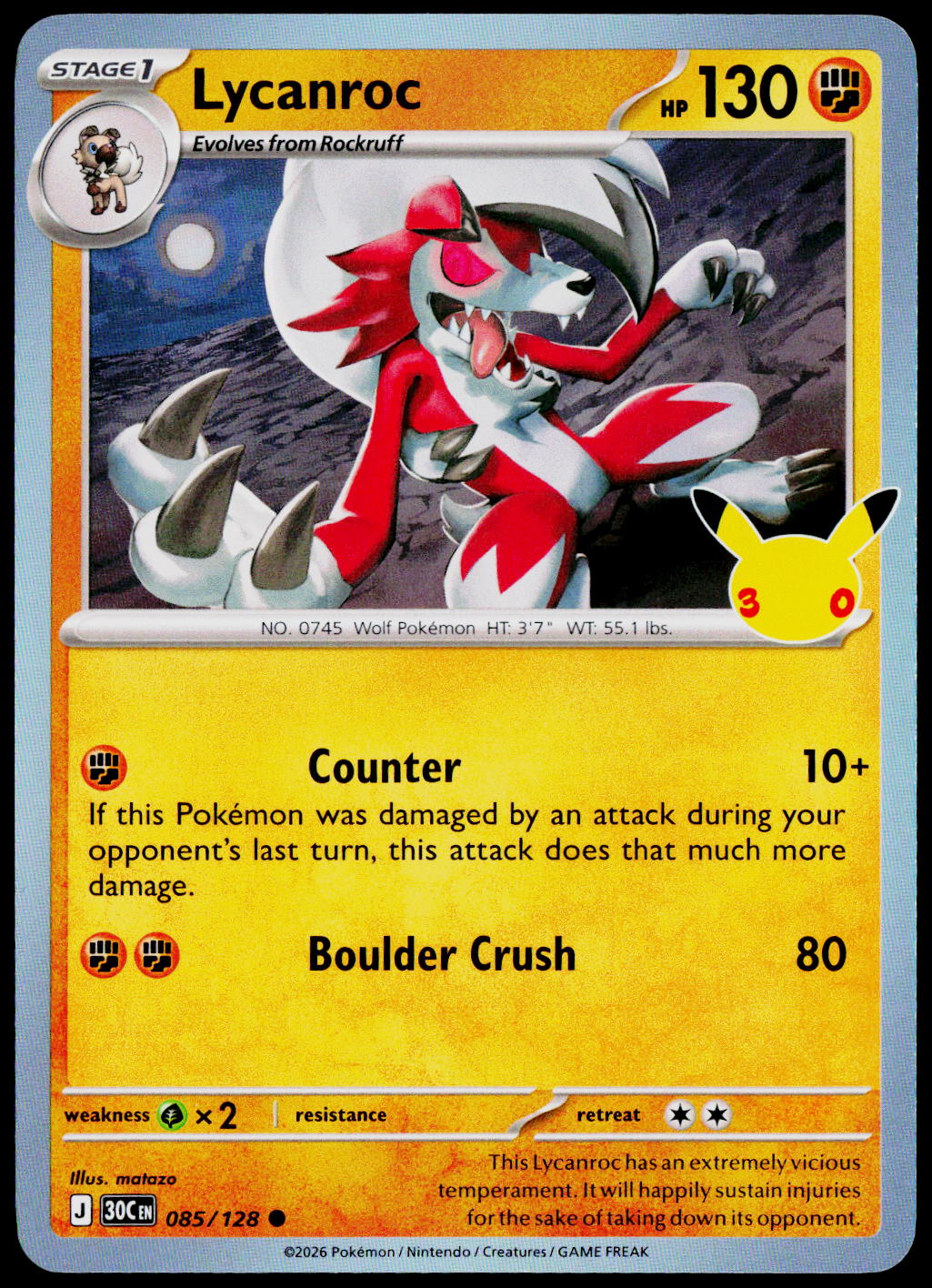 Lycanroc 085/128 - 30th Celebration - English - Near Mint - original front scan