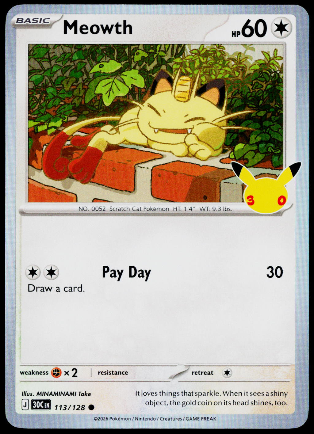 Meowth 113/128 - 30th Celebration - English - Near Mint - original front scan