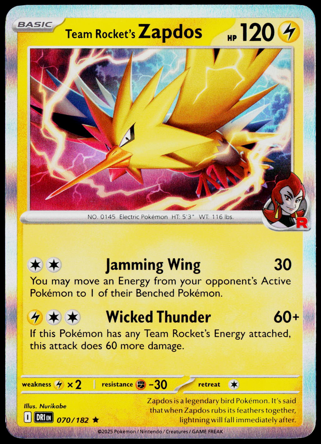 Team Rocket's Zapdos 070/182 Holo English - original scanned front