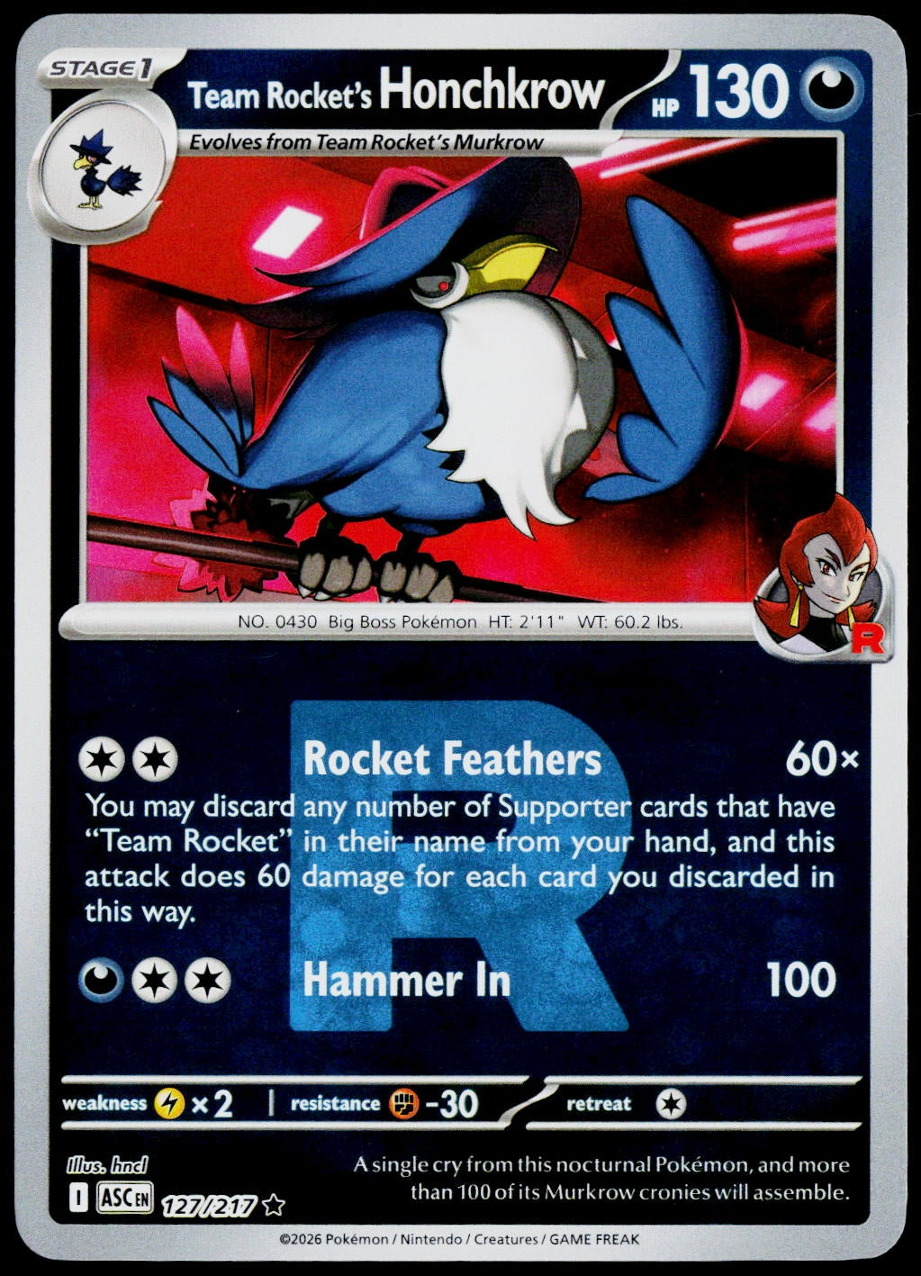 Team Rocket's Honchkrow 127/217 Team Rocket Reverse Holo EN - original scanned front