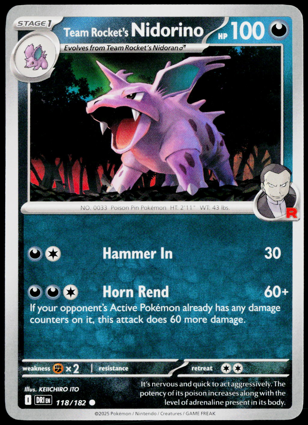 Team Rocket's Nidorino 118/182 EN non-holo - original scanned front