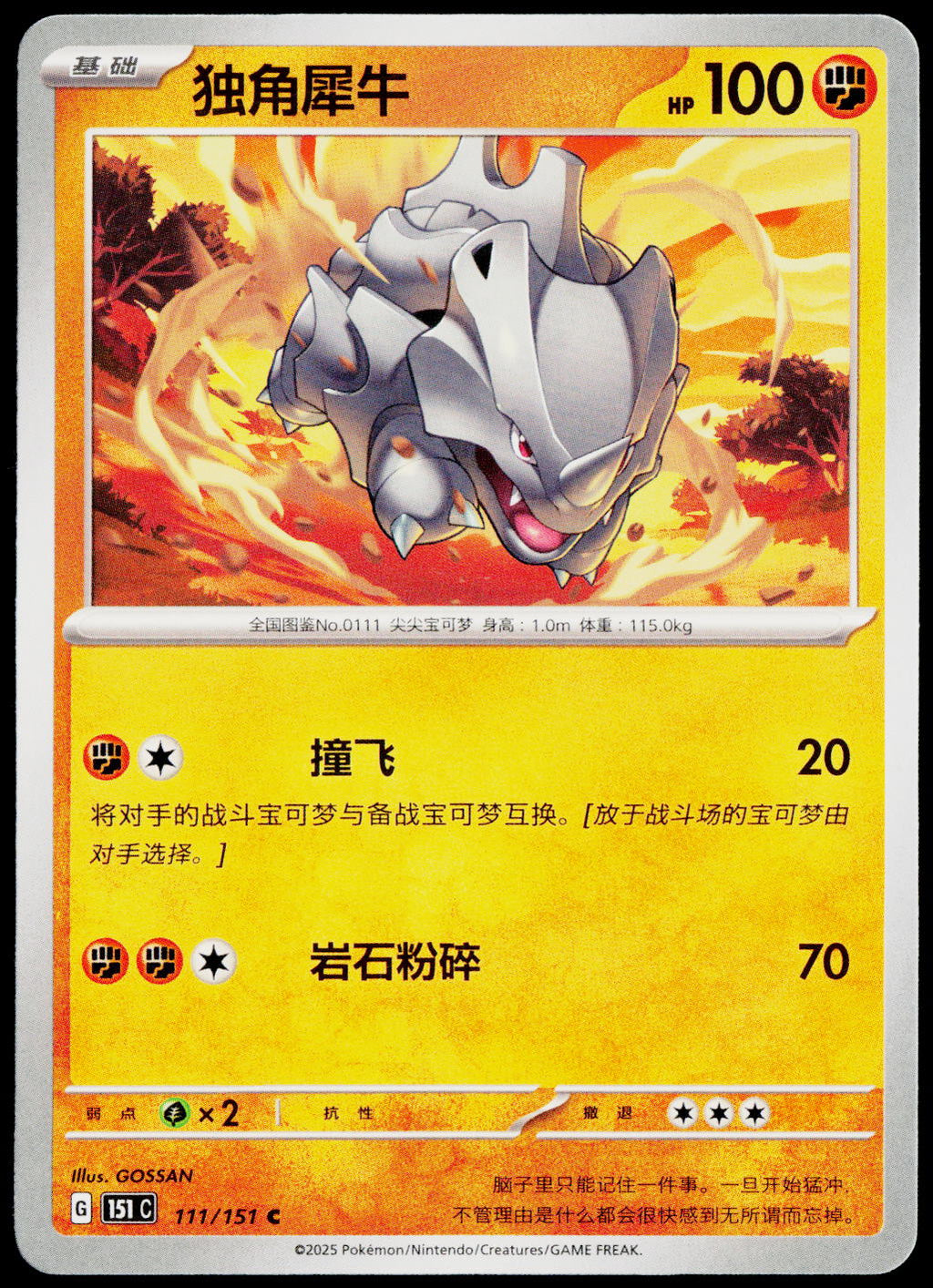 Rhyhorn 111/151 ZH-HANS non-holo - original scanned front